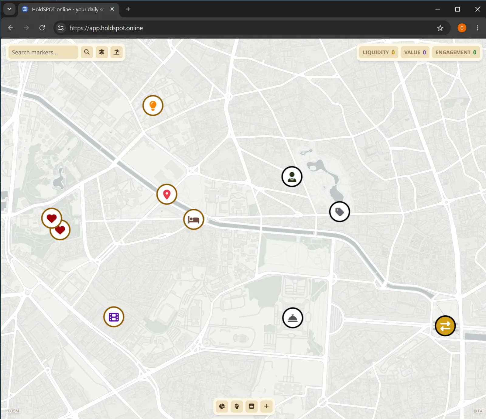 The real HoldSPOT map — anonymous markers parked all over a city